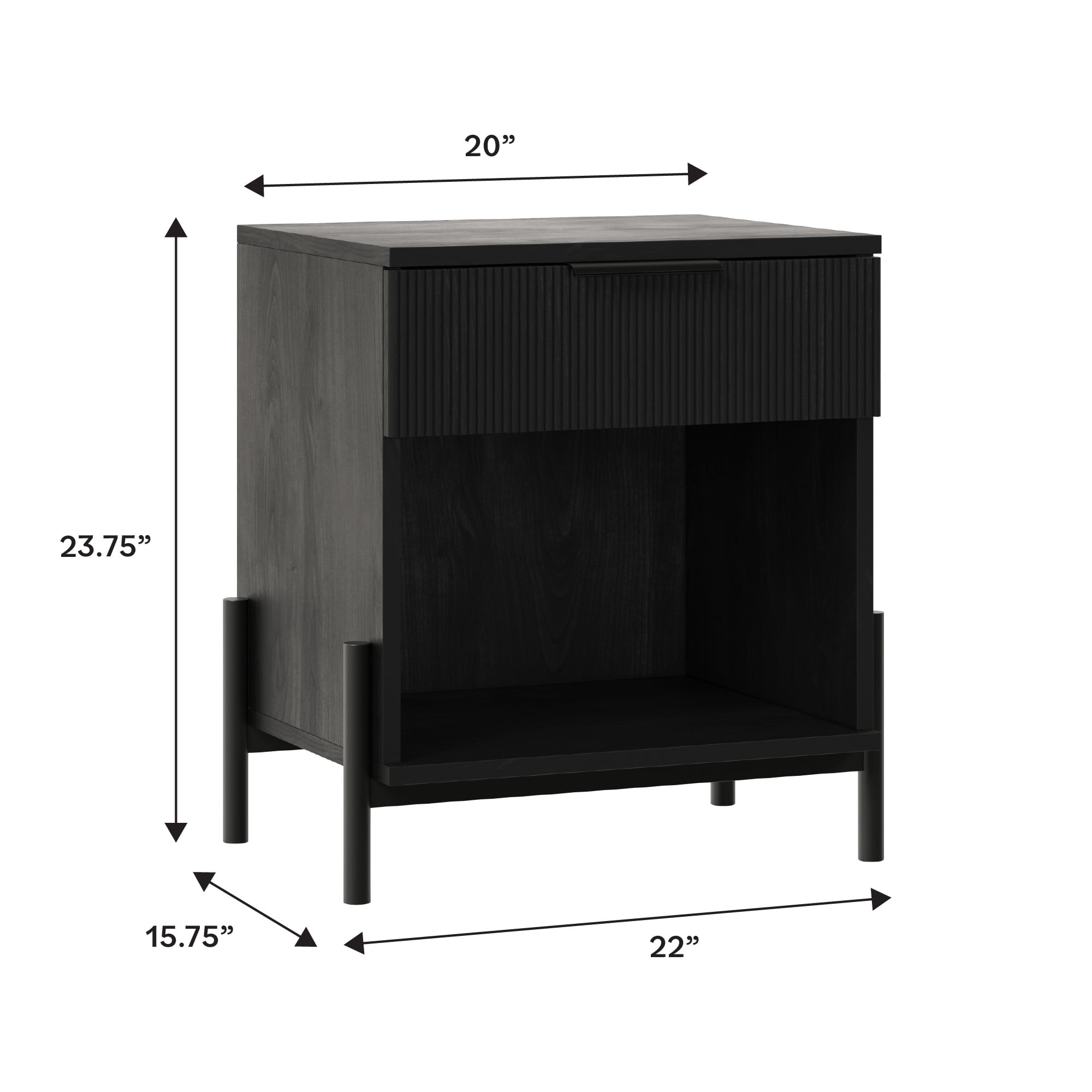 Walker Edison Modern Reeded-Front 1-Drawer Nightstand, Black