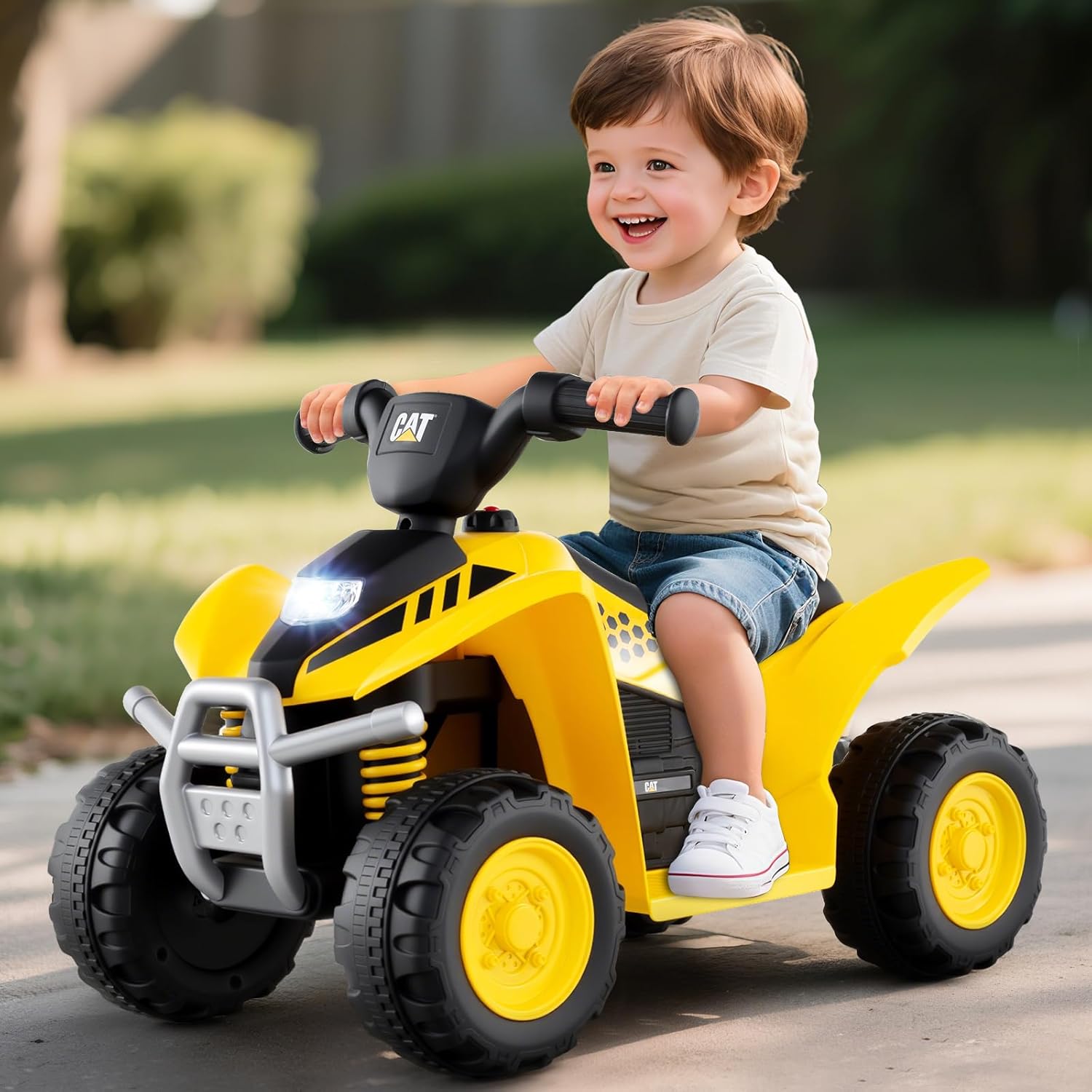 Licensed Caterpillar Kids ATV by OLAKIDS, 6V 4 Wheeler Battery Powered Motorized Quad with LED Headlight Horn, Toddlers Electric Vehicle Toy Car for Boys Girls Ages 1.5-3