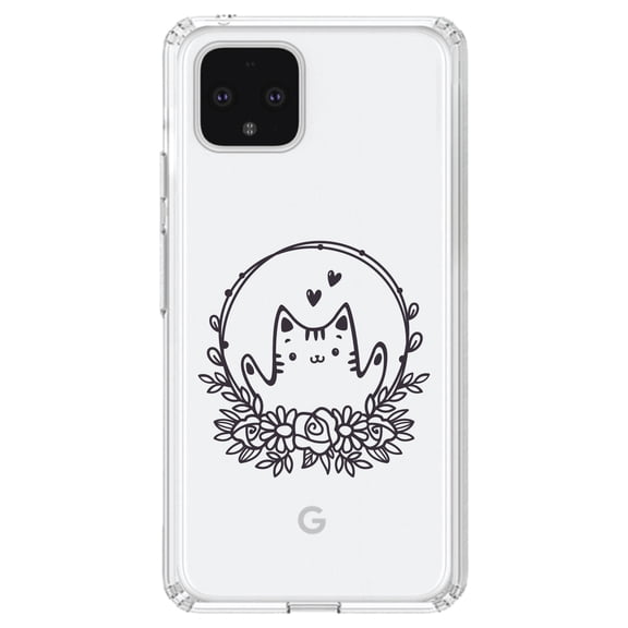 DistinctInk Clear Shockproof Hybrid Case for Google Pixel 4 (6.1" Screen) - TPU Bumper Acrylic Back Tempered Glass Screen Protector - Valentine Cat - Wreath Hearts