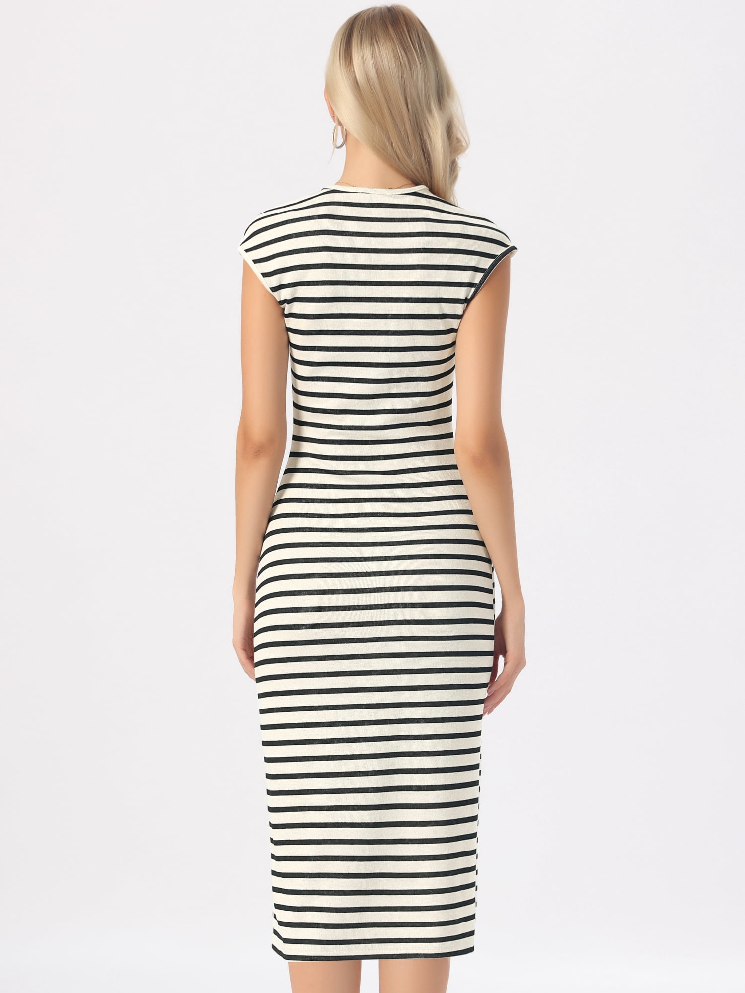 DARING DIVA Women's Knit Bodycon Cap Sleeve Crew Neck Striped Dress XL Apricot Black