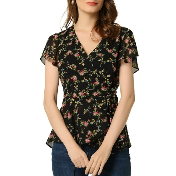 MODA NOVA Wrap Tops for Juniors Floral Printed V Neck Slit Sleeve Tie Waist Peplum Blouse