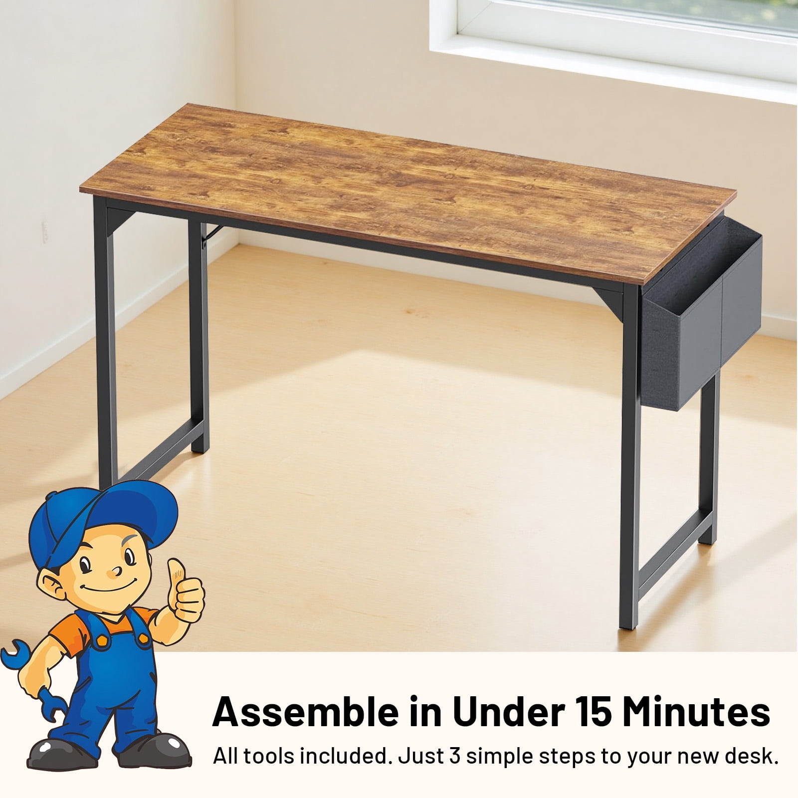 Atilioo 47" Sturdy Computer Desk, Ergonomic Work Study Writing Table with Storage Bag & Iron Hook, Rustic Brown
