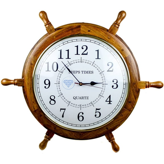 Nagina International Nautical Handcrafted Wooden Premium Wall Decor Wooden Clock Ship Wheels | Pirate's Accent | Maritime Decorative Time's Clock (30 Inches, Clock Size - 5 Inches)