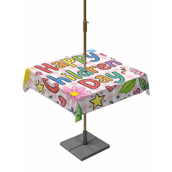 Outdoor Tablecloth with Umbrella Hole for Patio/Picnic/Party/Camping, Children's Day Waterproof Table Cloth Square Cover Washable, Cartoon Cute Flowers Leaf Pink Plaid (60"x 60")