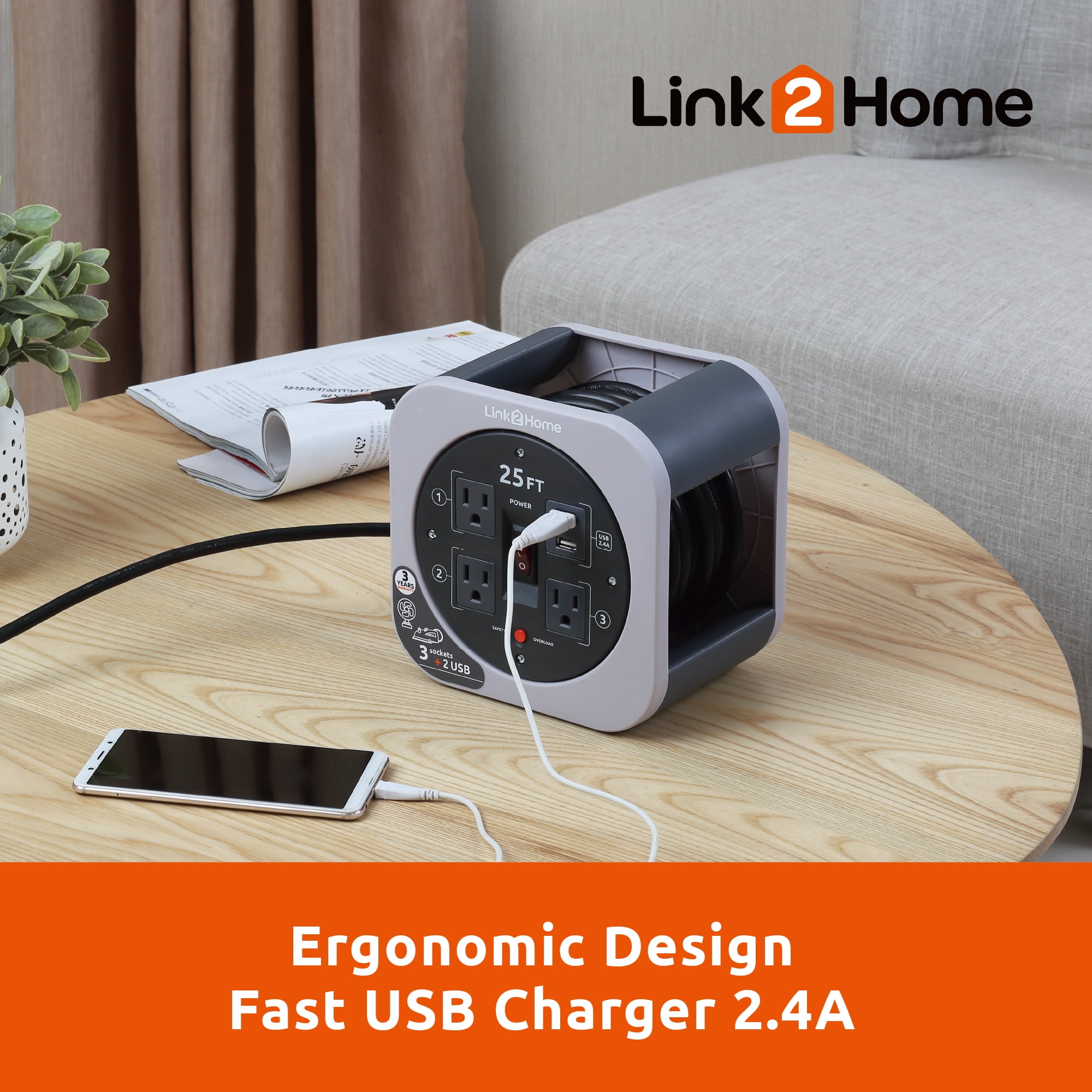 Link2Home 25 Ft Extension Cord Reel, 3 Outlets 2 USB Ports, Gray