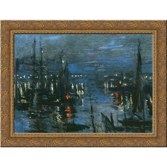 The Port of Le Havre, Night Effect 24x20 Gold Ornate Wood Framed Canvas Art by Monet, Claude