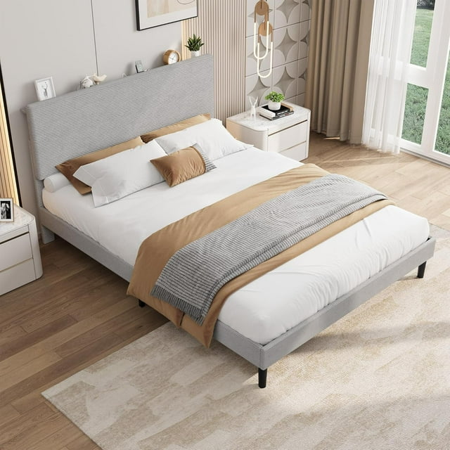 GloryStar Corduroy USB Charging Platform Bed, Adjustable Storage Headboard with Wooden Slat Support, No Box Spring Required