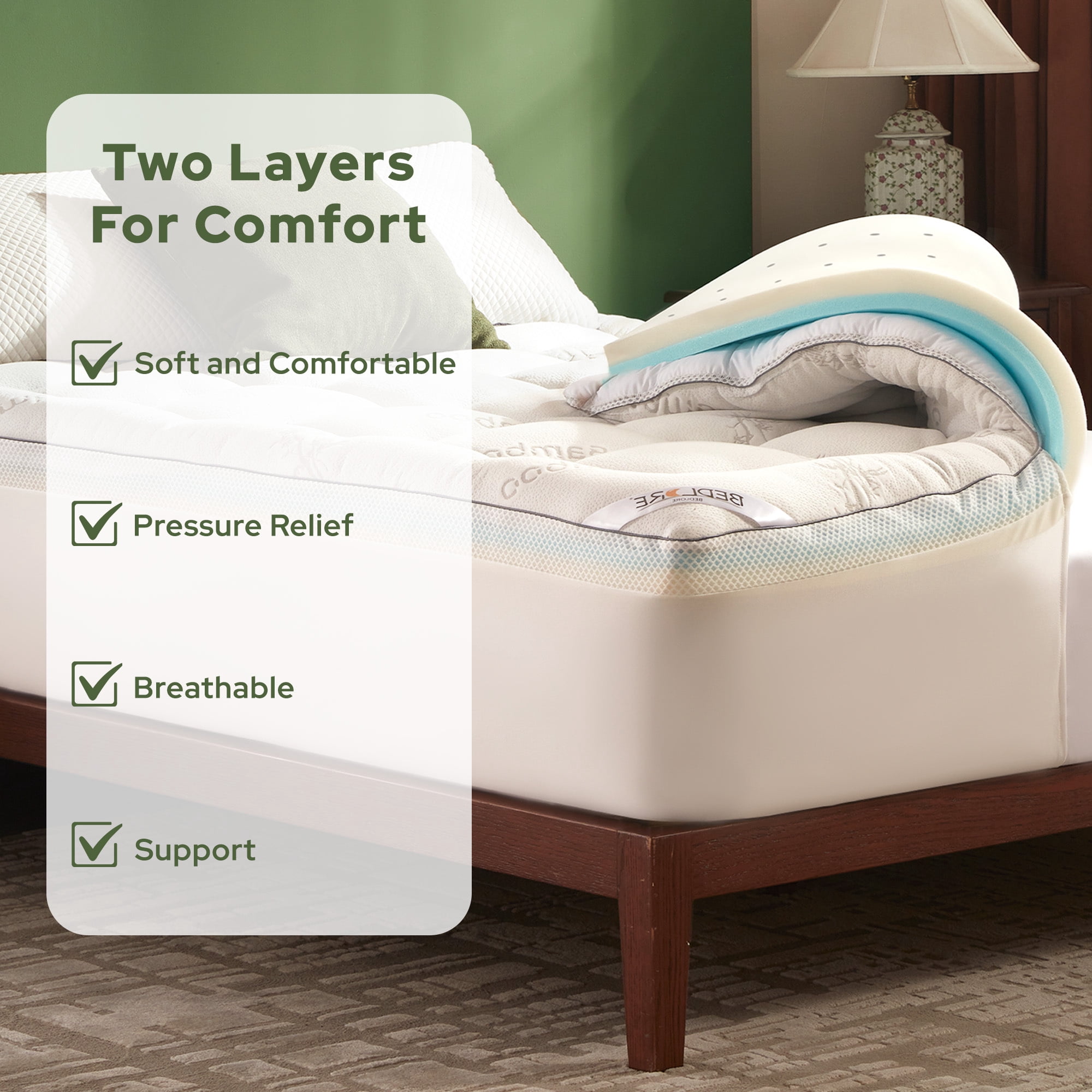BEDLORE Mattress Topper Full Size, 2" Gel Memory Foam Plus 2" Plush Pillow Top Pad, 4 " Mattress Pad Cover for Back Pain