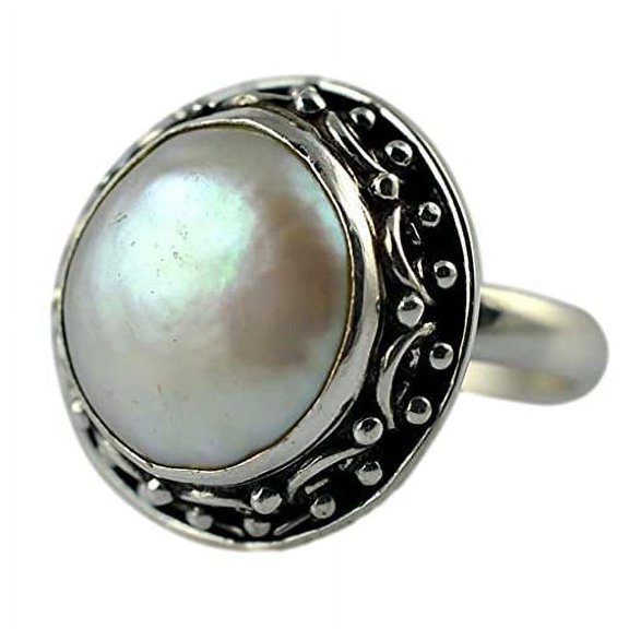 Navya Craft Freshwater Coin Pearl 925 Sterling Silver Handmade Women Statement Ring, Coin Pearl Jewelry Size 5.0