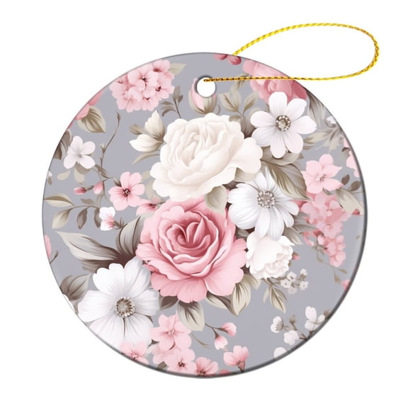 Christmas Ceramic Ornament Pink Floral Keepsake Ceramic Ornament Pink Rose Flowers Leaf Shabby Chic Beige Pink Ceramic Elegant Hanging Christmas Tree Decorations Xmas Gift
