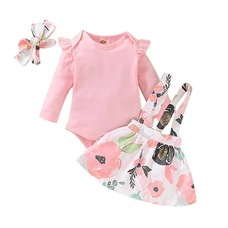 

OLLUISNEO Newborn Baby Girls Romper Outfits 6 Months Winter Clothes 9 Months Cozy Long Sleeve Jumpsuit Flower Print Suspender Dress Headband 3 PCS Set Pink