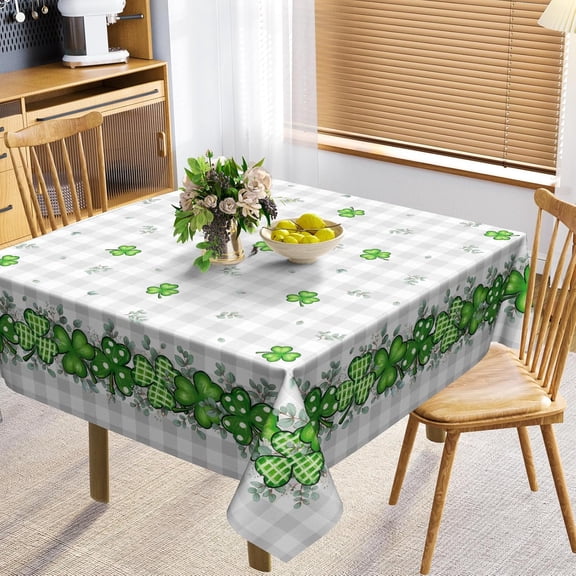 St. Patrick‘s Day Tablecloth 54x54 Inch Square, Buffalo Plaid with Shamrock & Eucalyptus, Spill-Proof Farmhouse Table Cover for Holiday Party Dining