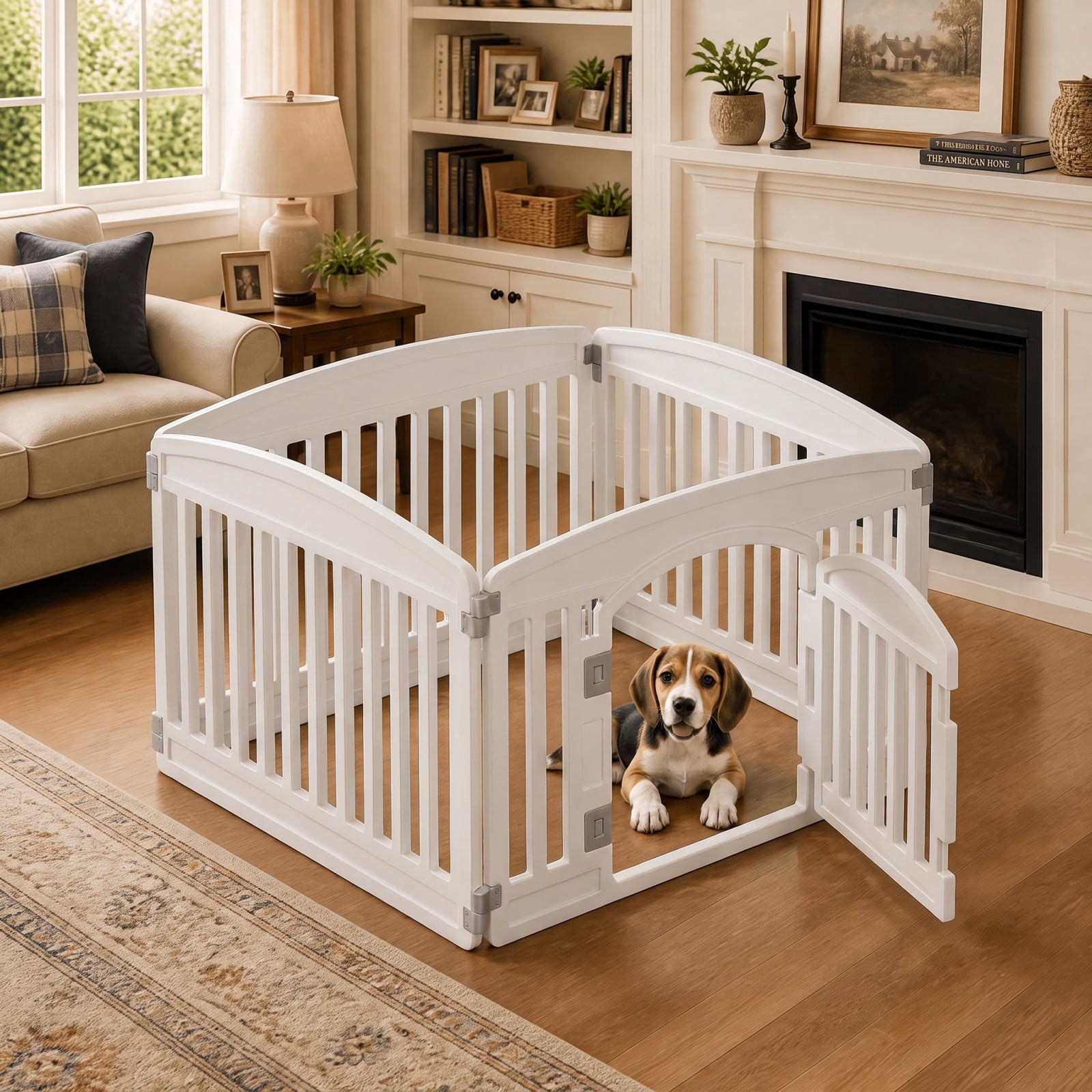Telyra Pet Playpen Indoor & Outdoor 4 Panels Dog Fence with Safety Lock, White