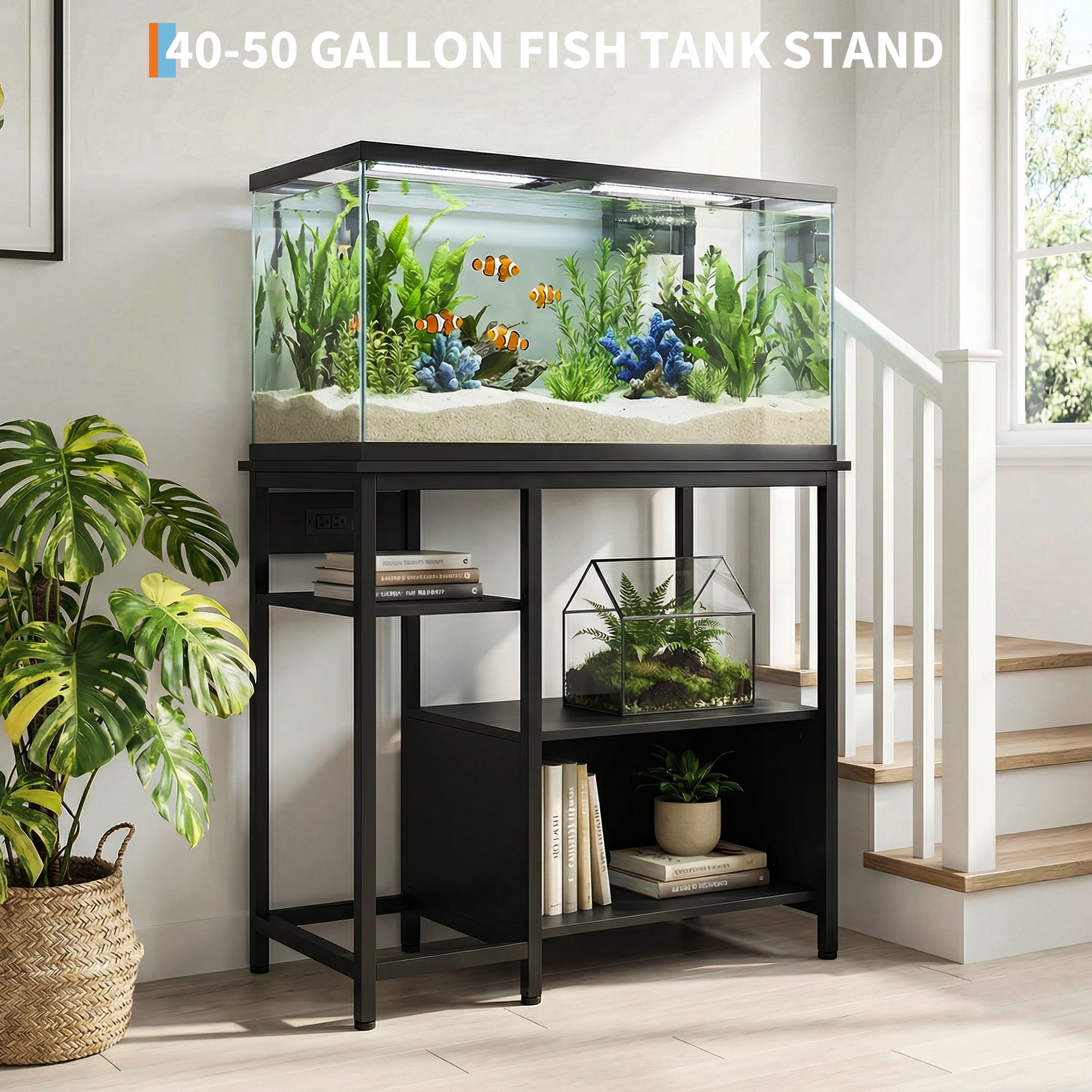 DSstyles 40-50 Gallon Fish Tank Stand with Power Outlets, Metal Aquarium Stand with Accessories Storage, Heavy Duty Fish Tank Table Suitable for Turtle, Reptile Terrarium, 1000LBS Capacity – Black