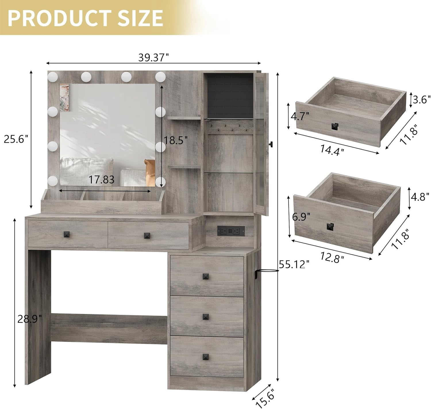 FANRAL Vanity Desk with RGB Ambient Light,LED Mirror & Charging Station,Small Dressing Table with Glass Cabinet & Ample Storage for Bedroom Grooming,Gray Vanity