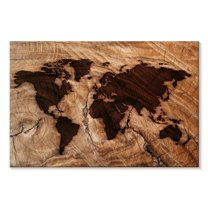 Elephant Stock Branded Wood World Map Wall Art - Horizontal Canvas Wall Art - Living Room Wall Decor - Map Canvas - Brown And Beige Decor - 51" x 34"