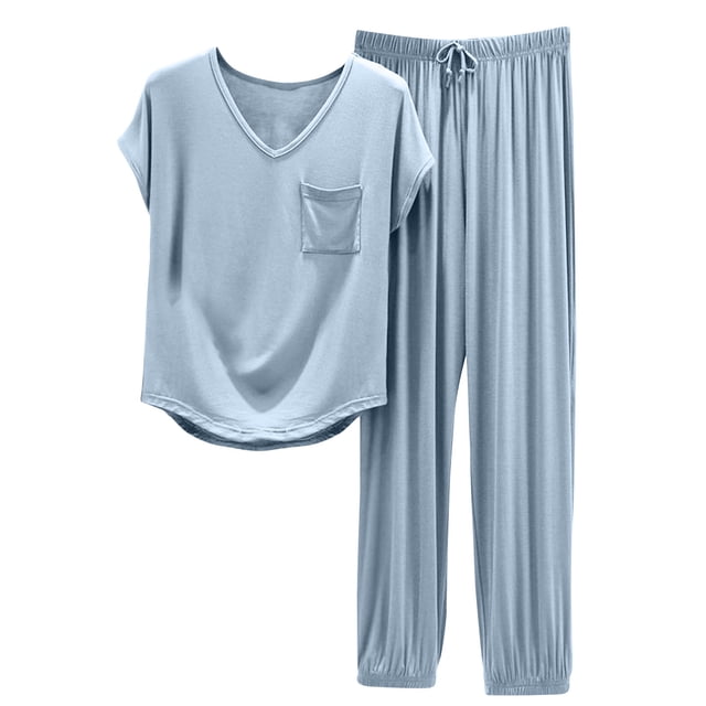 Timegard Womens Pajamas Sets V-Neck Cap Sleeve Top Elastic Waisted Pants Soft Lounge Outfits Sleepwear