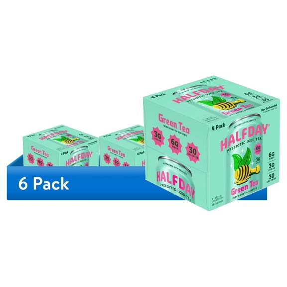 (6 pack) Halfday Prebiotic Green Iced Tea with Honey & Ginseng, 6g Fiber, Real Brewed Green Tea, Caffeinated, 12 fl oz, 4 Pack