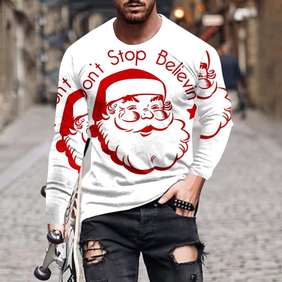 COSFO Casual Shirts for Men Crew Neck White Long Sleeve Pullover Christmas T Shirts for Man