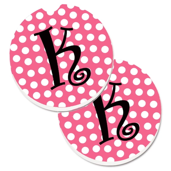 Carolines Treasures CJ1001-KCARC Letter K Monogram - Pink Black Polka Dots Set of 2 Cup Holder Car Coasters  Large