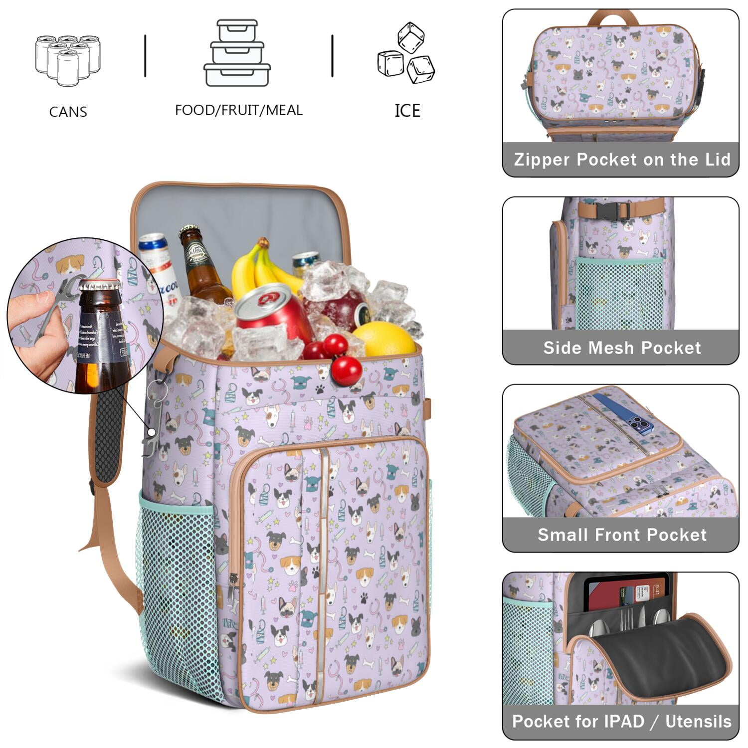 Travel Cooler Bag - Dog with Medical Icons Camping Beer Cooler Backpack with Bottle Opener- Waterproof Insulated Picnic Backpacks - Cooler Bag for Beach