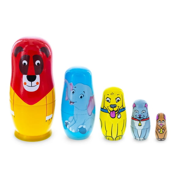 5 Animals Lion, Elephant, Dog & Cat Wooden Nesting Dolls 5.75 Inches