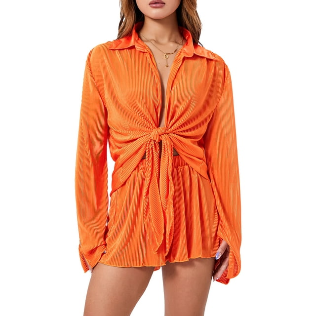 Diconna Ensemble Décontracté 2 Pcs pour Femmes Mode Chemise à Manches Longues avec Nœud + Short Tenue de Plage