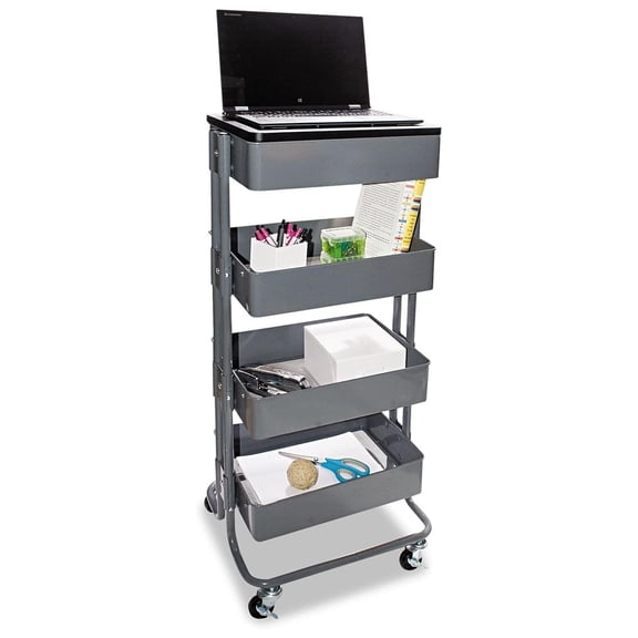Stand Up Workstation 4-Tier, 39" Tall - Mobile Rolling Storage Cart - Adjustable Baskets - Gray Metal Organizer for Office, Home, Laptop
