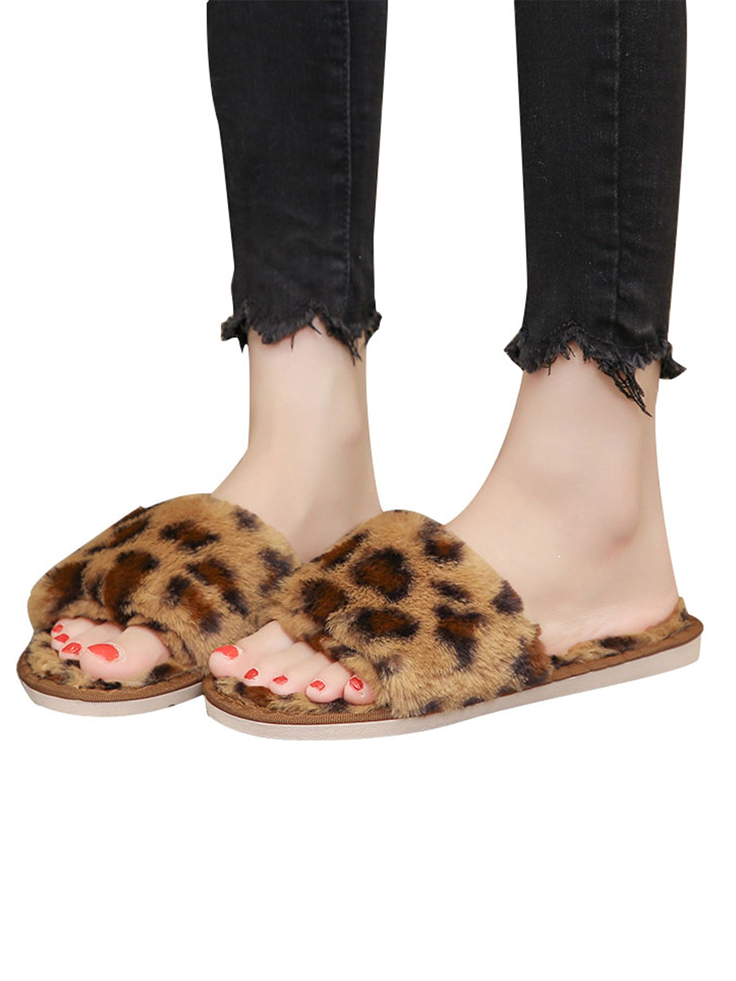 Ladies Womens Open Toe Slippers Faux Fur Slip On Flat Leopard Star Indoor Slider Ladies Womens Open Toe Slippers Faux Fur Slip On Flat Leopard Star Indoor Slider