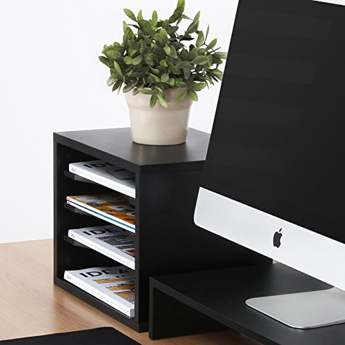 Black Wood Desk Organizer with 4 storage Paper File Holder for Home and Office