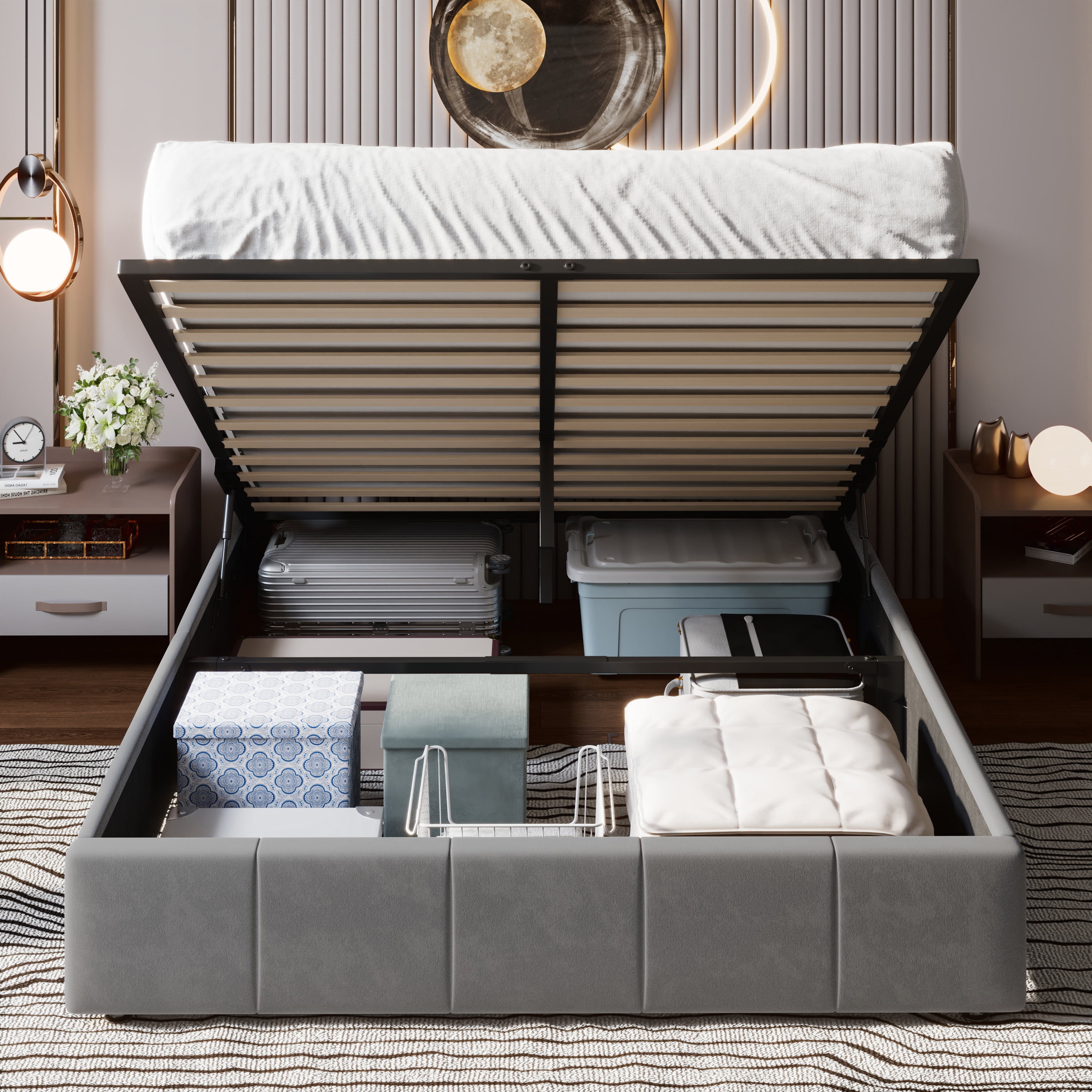 Einfach Queen Size Storage Bed Frame, Lift Up Velvet Platform Bed with Adjustable Upholstered Headboard, No Box Spring Needed, Gray