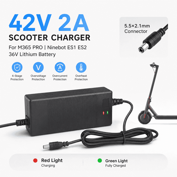 42V 2A Electric Scooter Charger, M365 Pro Battery Power Adapter with Over-Current & Over-Voltage Protection, LED Indicator, US Plug