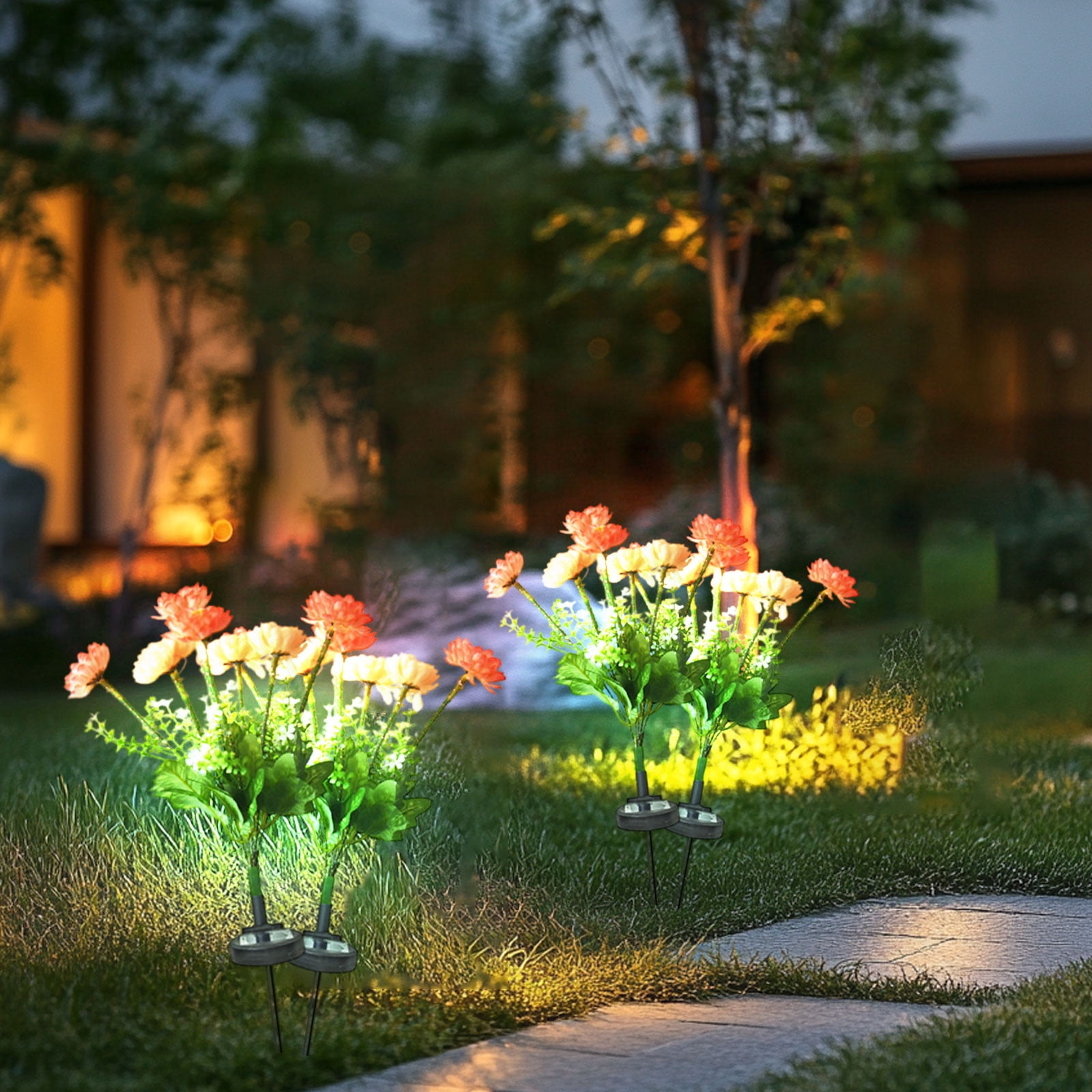 Solar Garden Lights LED Colorful Waterproof Solar Powered Snow Lotuss Landscape Lights Automatic Lighting In Darkness for Pathway Patio Yard Garden Decor (Sunset red + Champagne Color)