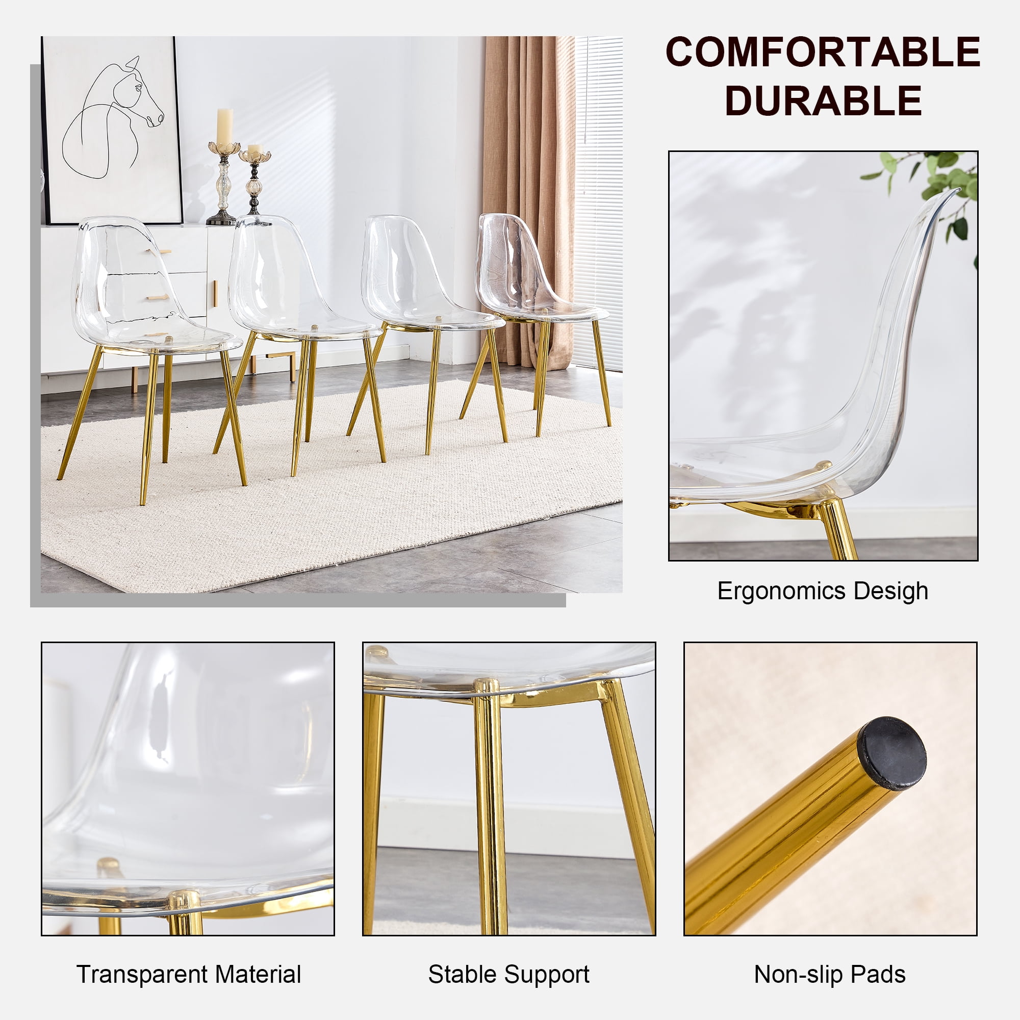 NYEESS Set of 4 Clear Transparent Dining Chairs Armless with Gold Metal Legs Modern Acrylic Side Chairs for Kitchen Dining Room