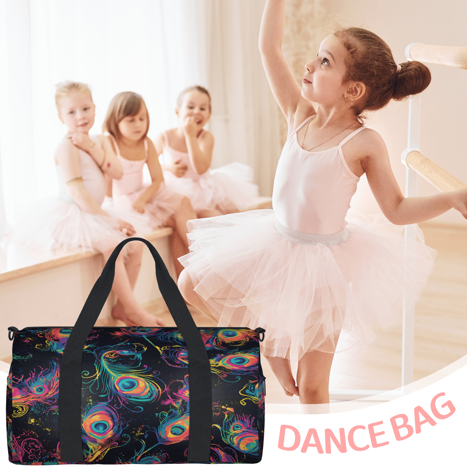 Herdesigns Peacock Feather Gym Bag for Women, Duffle Bag for Travel Sport, Watercolor Bird Lightweight Waterproof Carry on Weekender Dance Yoga Workout Bags