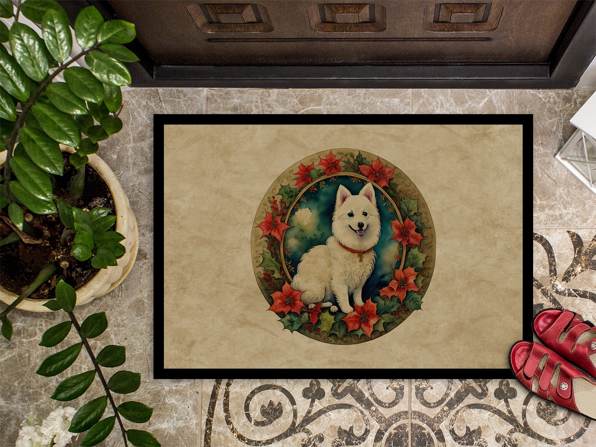 Carolines Treasures DAC2382MAT 18 x 27 in. Unisex Japanese Spitz Christmas Flowers Doormat