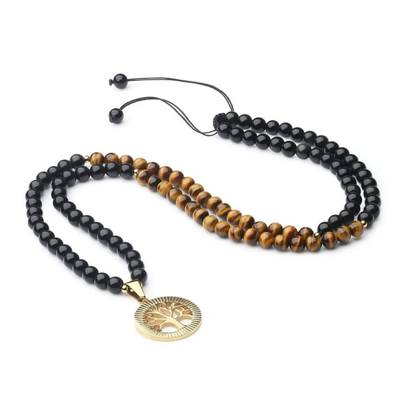 COAI Adjuastable Tree of Life Tiger Eye Obsidian Stone 108 Beads Mala Pendant Necklace
