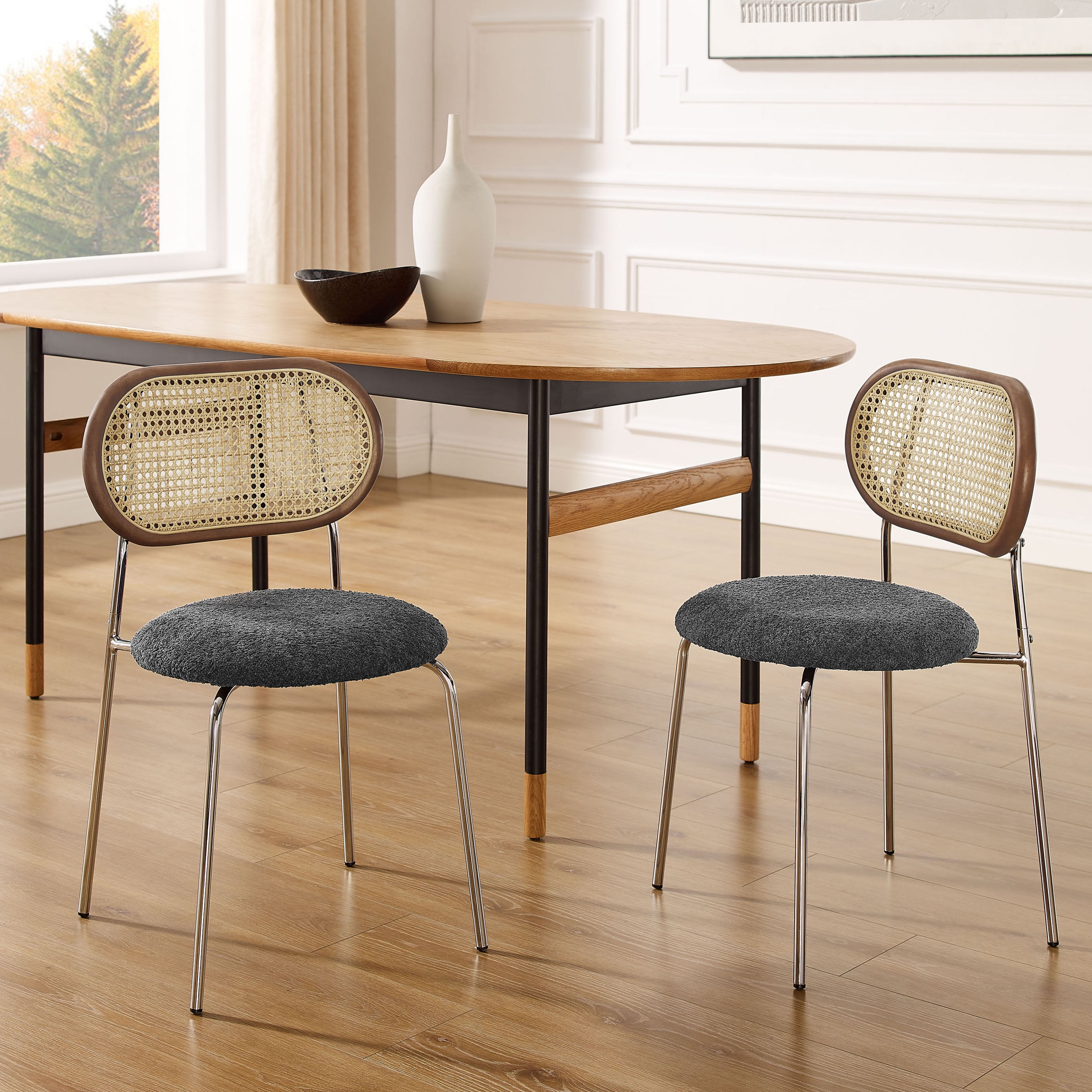 Art Leon Mid Century Dining Chairs,Lamb Wool Seat Rattan Cane Back Living Room Chairs with Metal