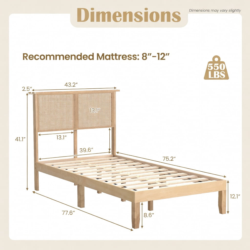 Barara King Bedroom Bed Frame, Bed Platform Frame,Twin/Full/Queen Size Bed Frame with Rattan Headboard-Twin Size