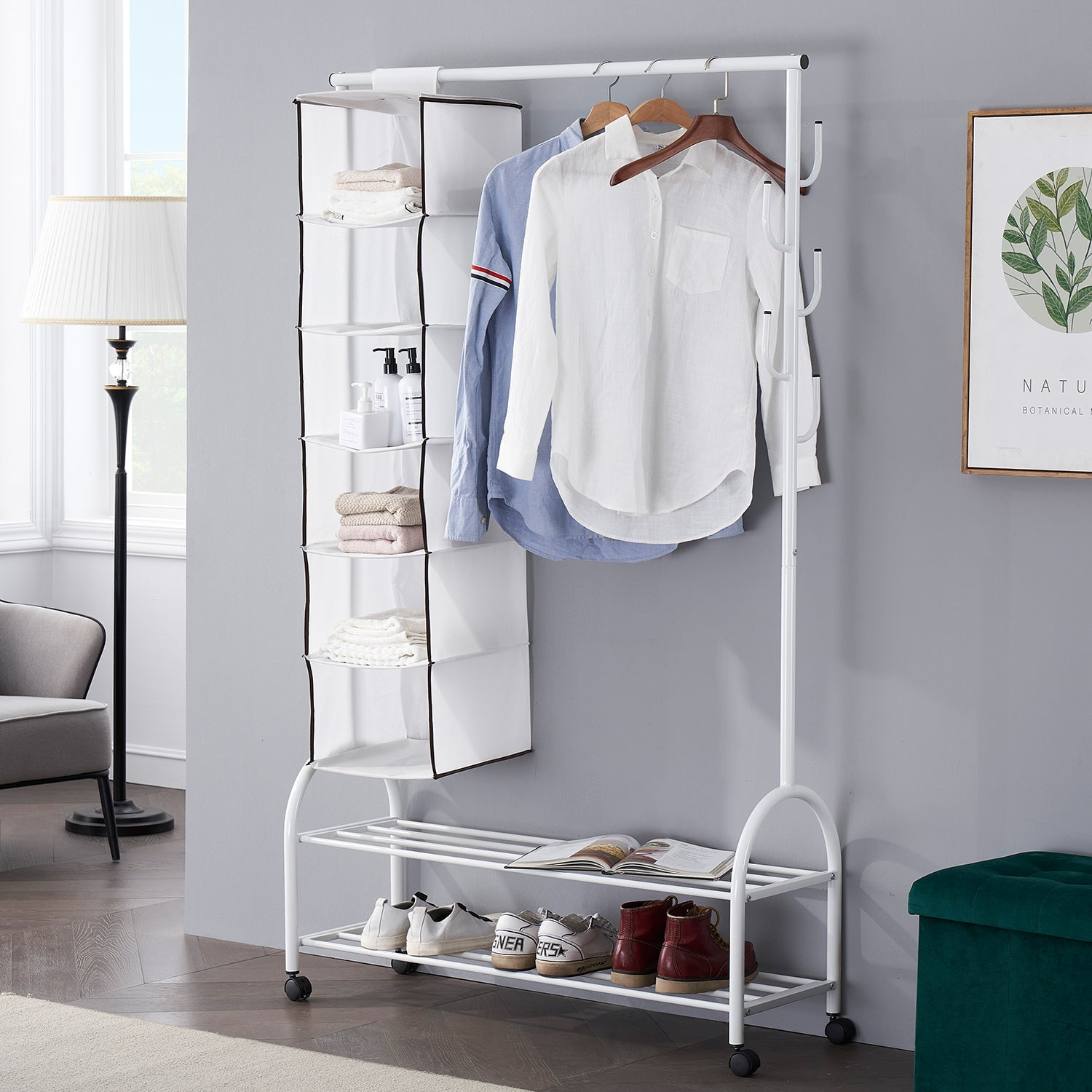 Vassen Coat Rack w/ 3-Tier Storage Shelves in White Finish – Roundhill  Furniture