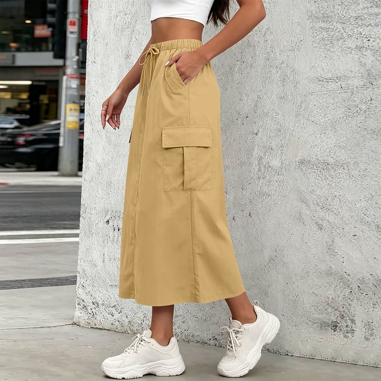 Fnooota Women's Cargo Skirts, Elastic Waist Back Slit Multi-pocket Fnooota Women's Cargo Skirts, Elastic Waist Back Slit Multi-pocket