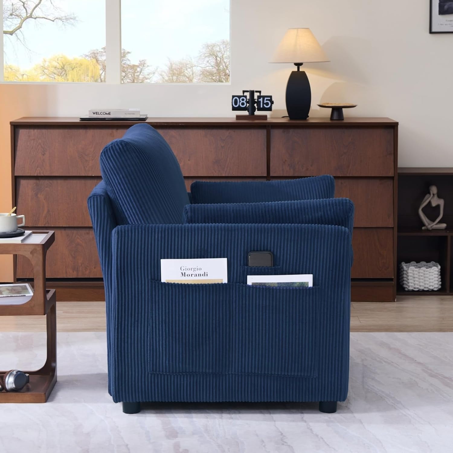 37.75" Corduroy Accent Chair, Modern Upholstered Armchair with Side Storage Pockets & 2 Pillows, Comfy Oversized Single Sofa for Living Room, Blue