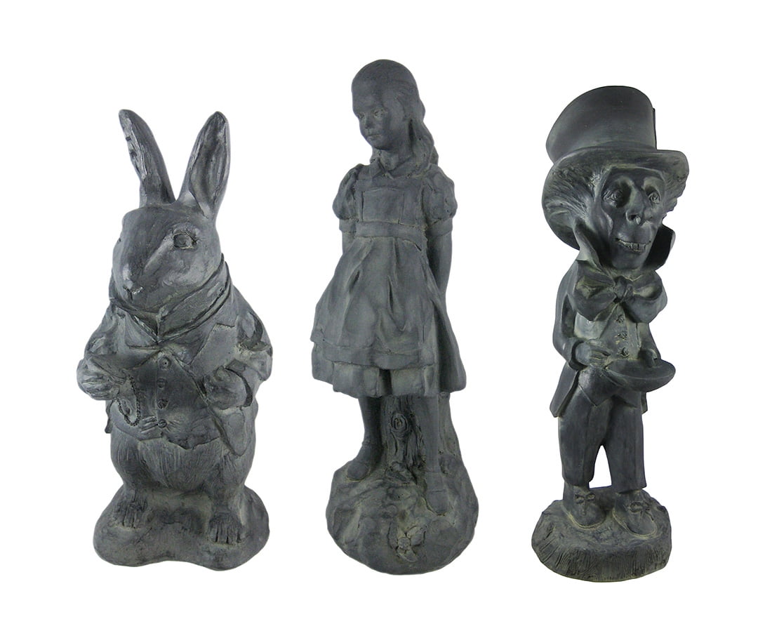 Alice in Wonderland White Rabbit, Mad Hatter, Alice Oxidized Garden Statue Set by House Parts, Inc.
