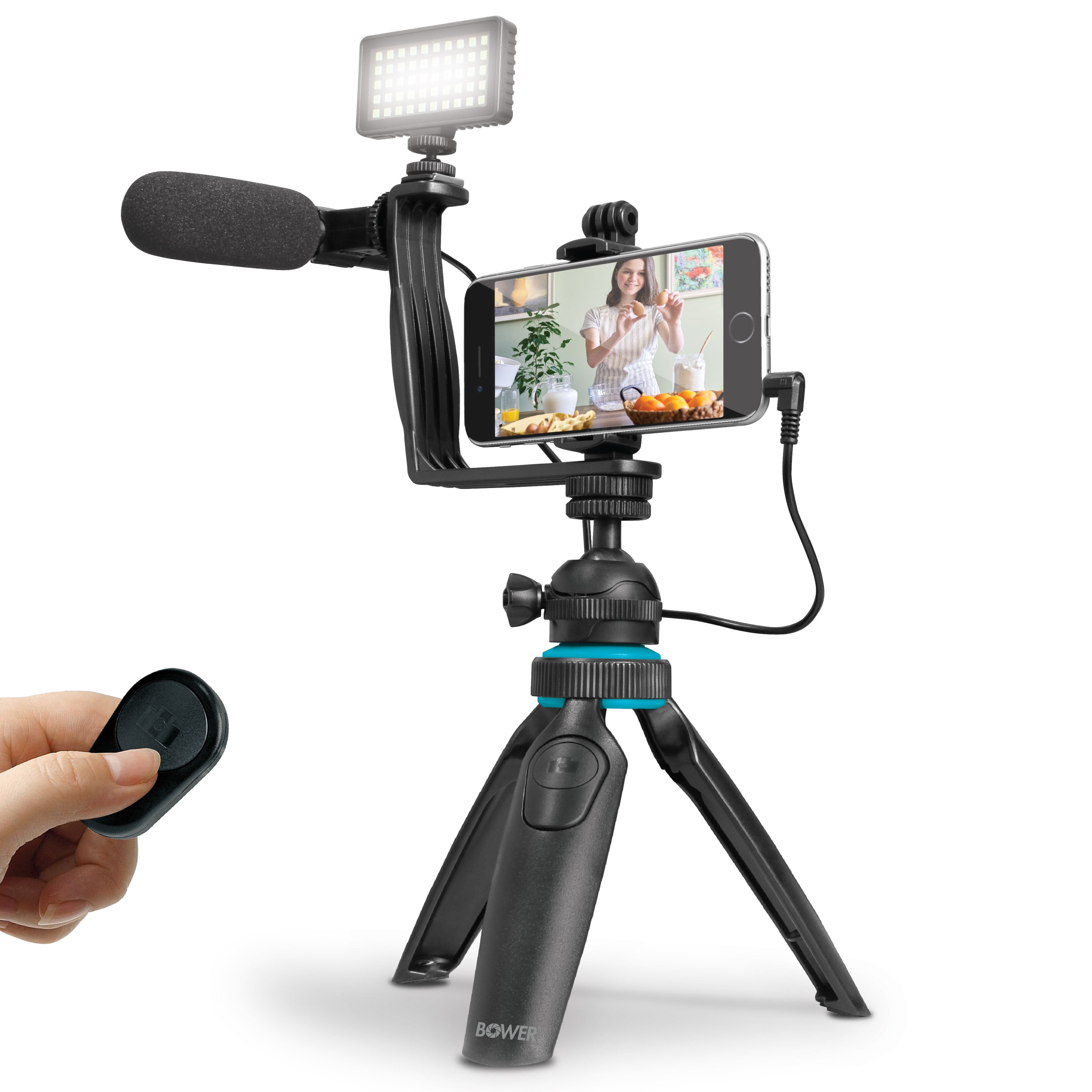 Bower Ultimate Vlogger Kit with 50 LED Light, HD Microphone, Bracket, Phone / Action Camera Mount, Shutter, and Tripod