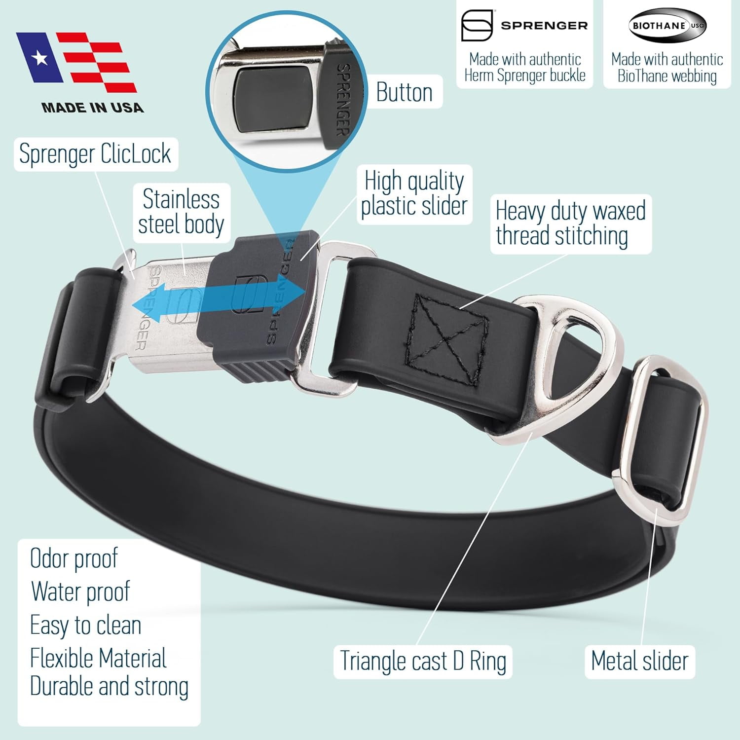 Waterproof Dog Collar with  Stainless Steel Quick Release Buckle – Heavy Duty Tactical Durable Collar for Dogs – Comfortable and Safe Pet Collar W1 L 15-25"