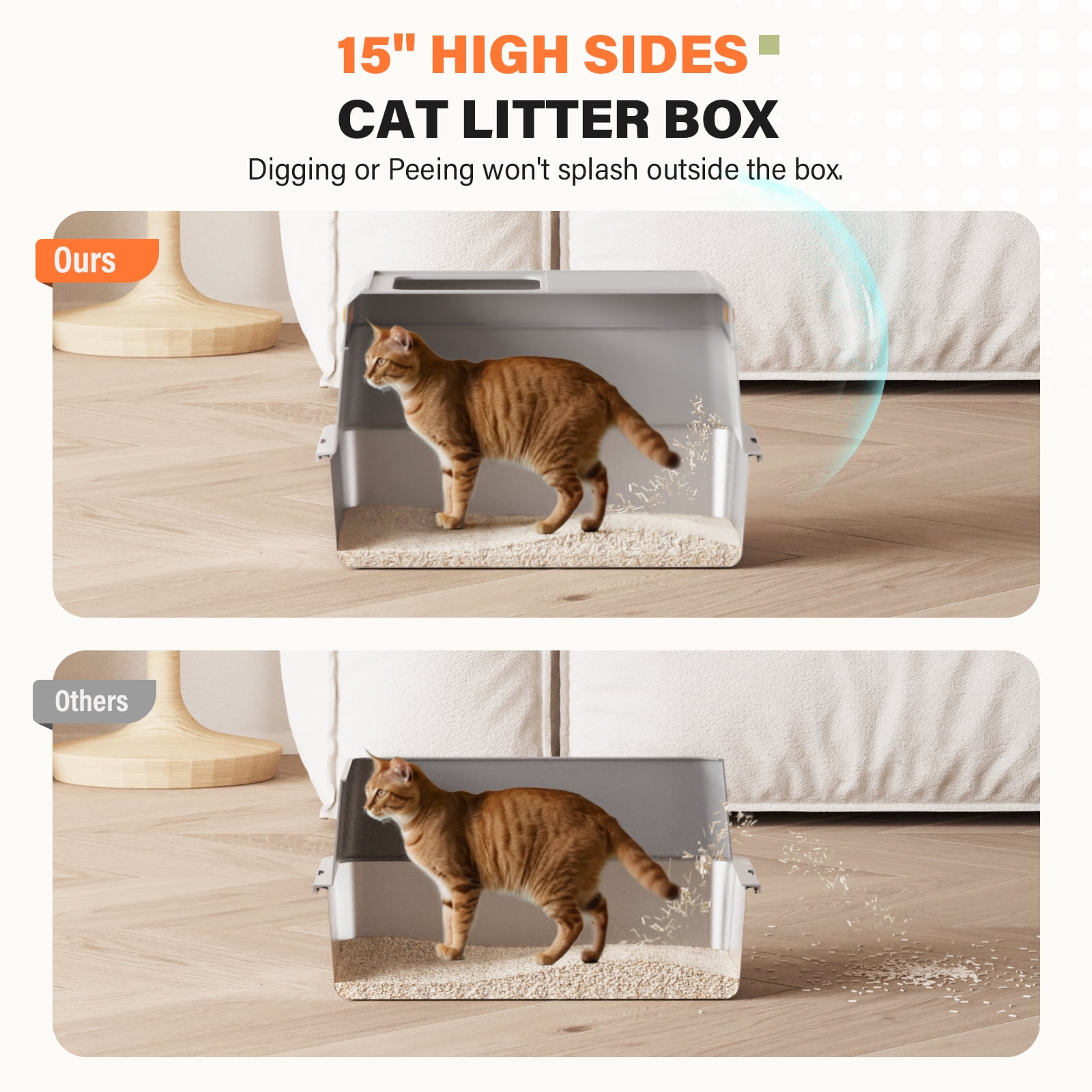 Removable Stainless Steel Cat Litter Box with lid, Side & Top Entry Kitty LitterBox，Cat Litter Box Enclosure, XL Extra Large High-Sided Metal Cat Box with Scoop, Footboard（Grey）