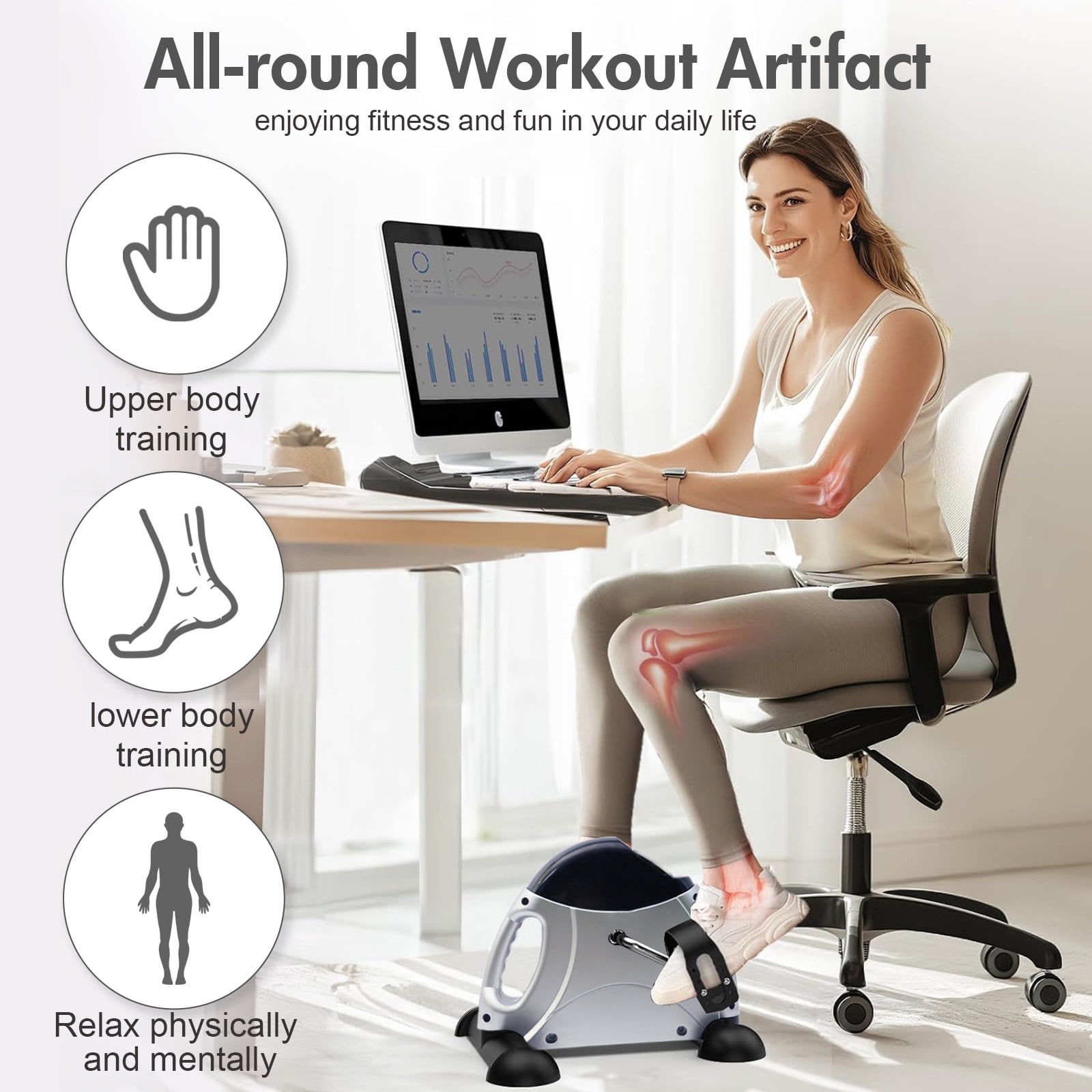RICAN Under Desk Bike Pedal Exerciser, Mini Exercise Bike with Digital Display,  Portable Foot Cycle Arm & Leg Peddler Machine for Home