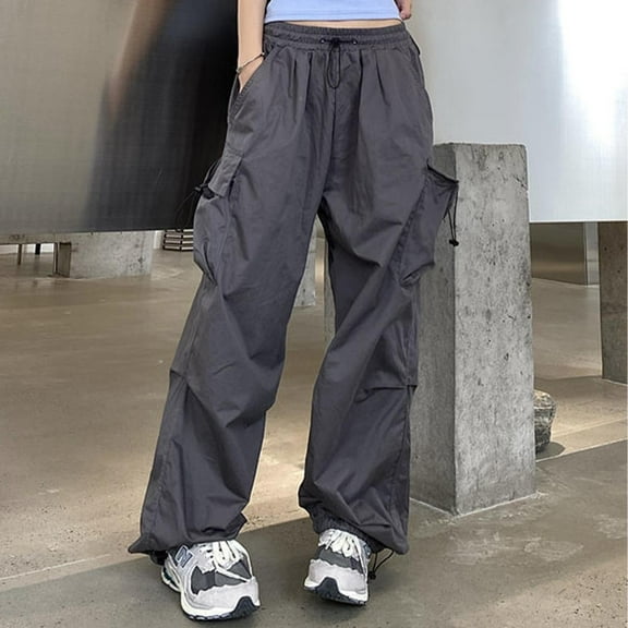 Gray Women's Casual Pants, Womens Baggy Cargo Pants Streetwear Hip Hop Joggers Sweatpants Drawstring Casual Loose Wide Leg Trousers,Women's Casual Pants M