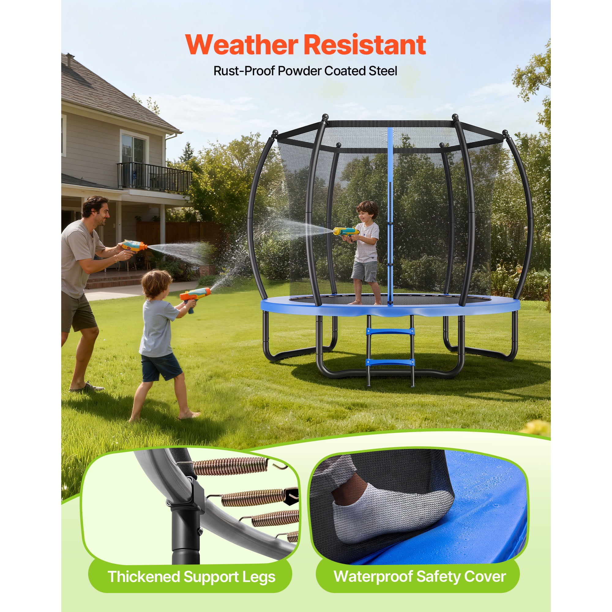 KFFKFF 14FT Outdoor Trampoline with Safety Enclosure, Durable Recreational Trampoline for Kids and Adults, ASTM Certified, 450 lbs Weight Limit, Rust-Resistant Design for Backyard Use