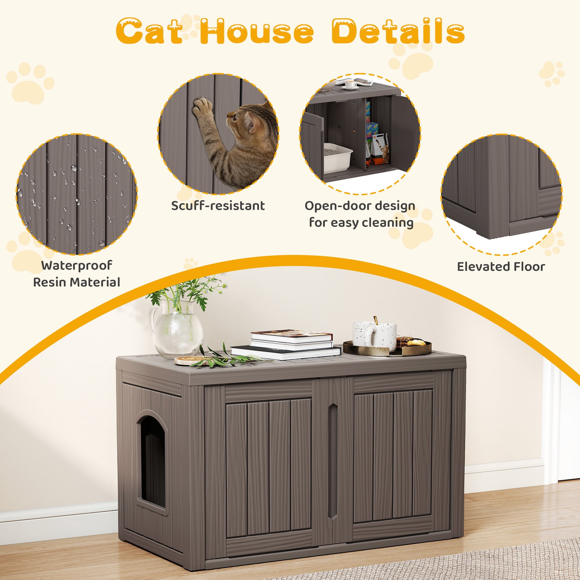 Bifanuo Outdoor Cat House, Waterproof Resin Cat House, Multi-Functional Cat Shelter, Assemble Easily for Home & Yard, Gray